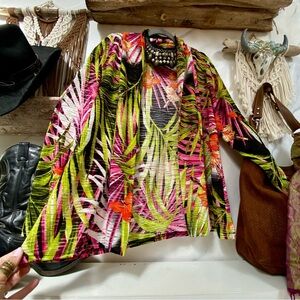 Tropical boho vibe semi sheer burned out fabric open front cardigan vacay vibe
